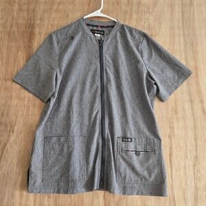 Koi Basics Womens Gray Heather Full Zip Scrub Top Size M Mandarin Collar Pocket